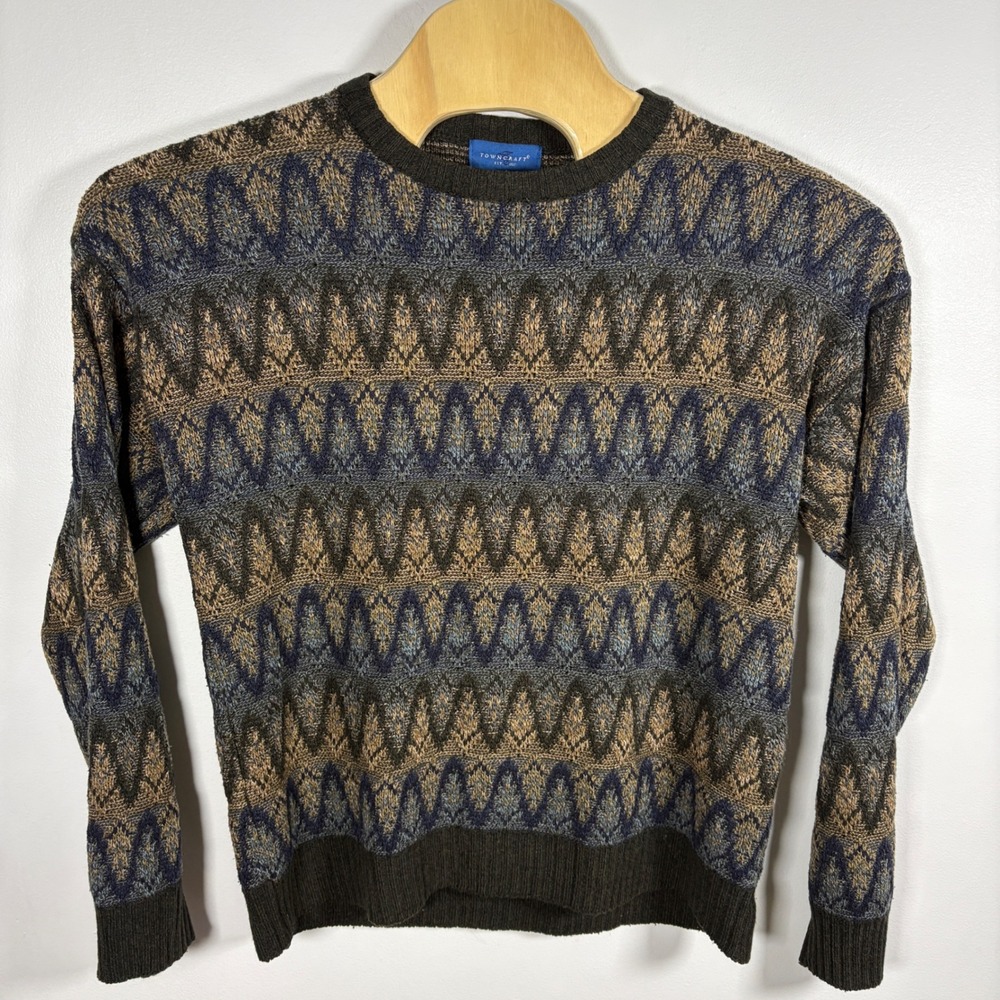 Towncraft Vintage Geometric Knit Crewneck Sweater Brown Blue Large Distressed